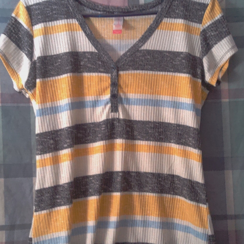 No Boundaries Button-Up Cardigan with Yellow and Gray Stripes